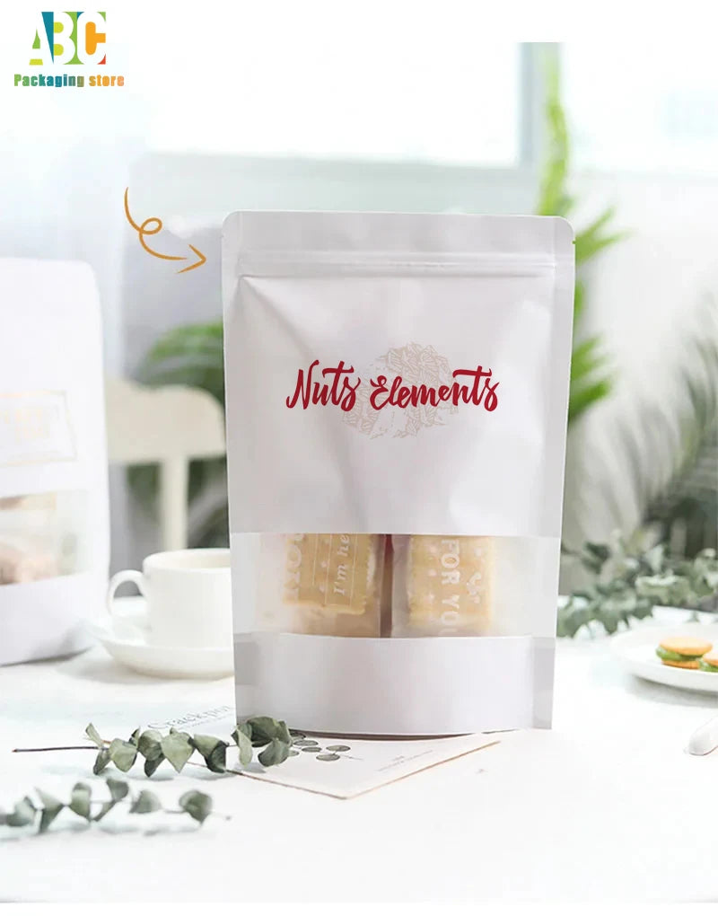 White Kraft Paper Bags with Window - Waterproof Food Packaging, 50 Pk