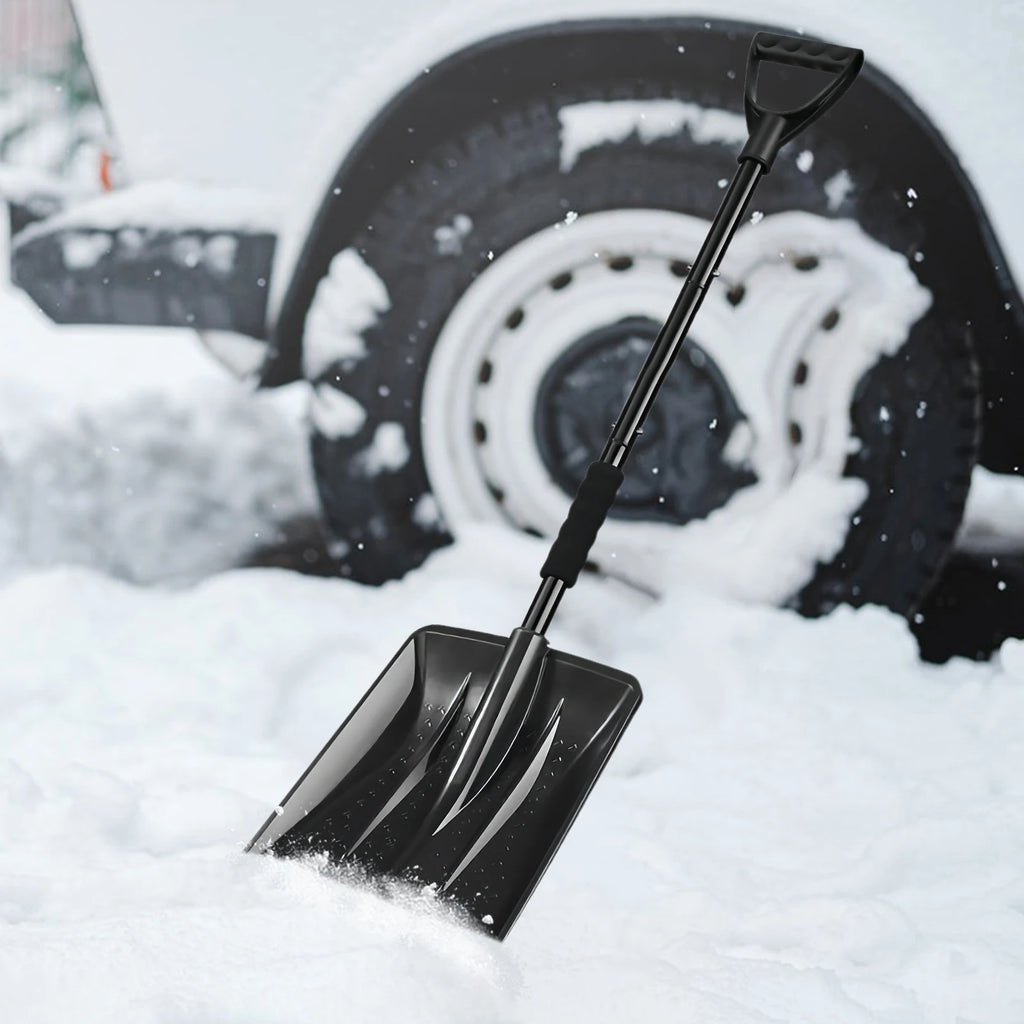 Snow Shovel with Adjustable Length D-Grip Handle Driveway Scoop Shovel for Car Snow Removal Portable for Home Garage Garden Camp