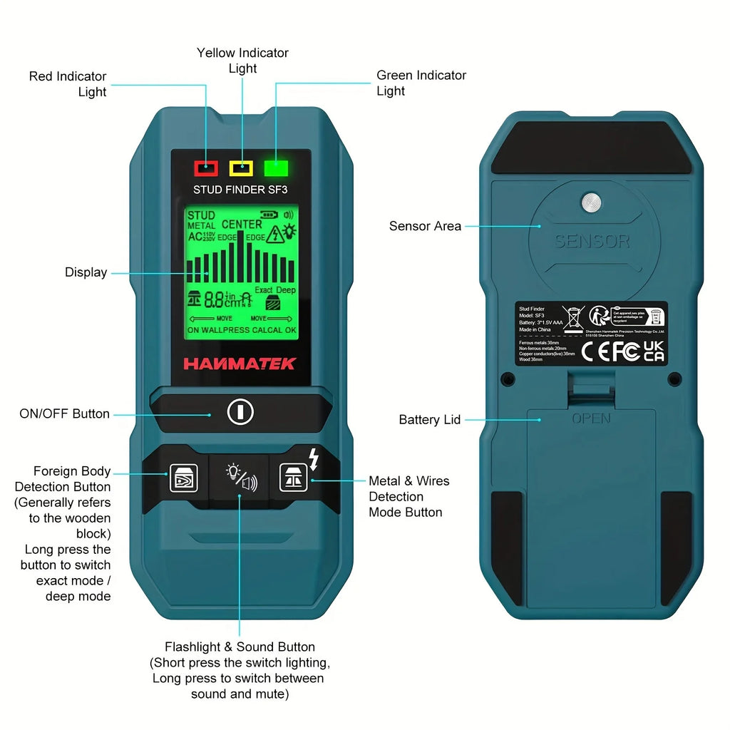 HANMATEK SF3 Stud Finder Wall Scanner Detector Tool for The Center Edge of Metal, Studs, AC Wire, Pipe