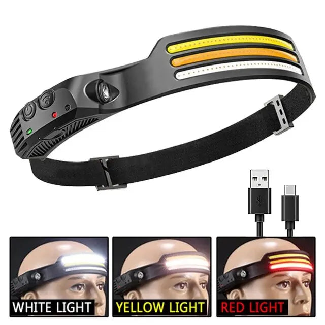 COB LED Motion Sensor Headlamp, USB Rechargeable for Camping & Fishing