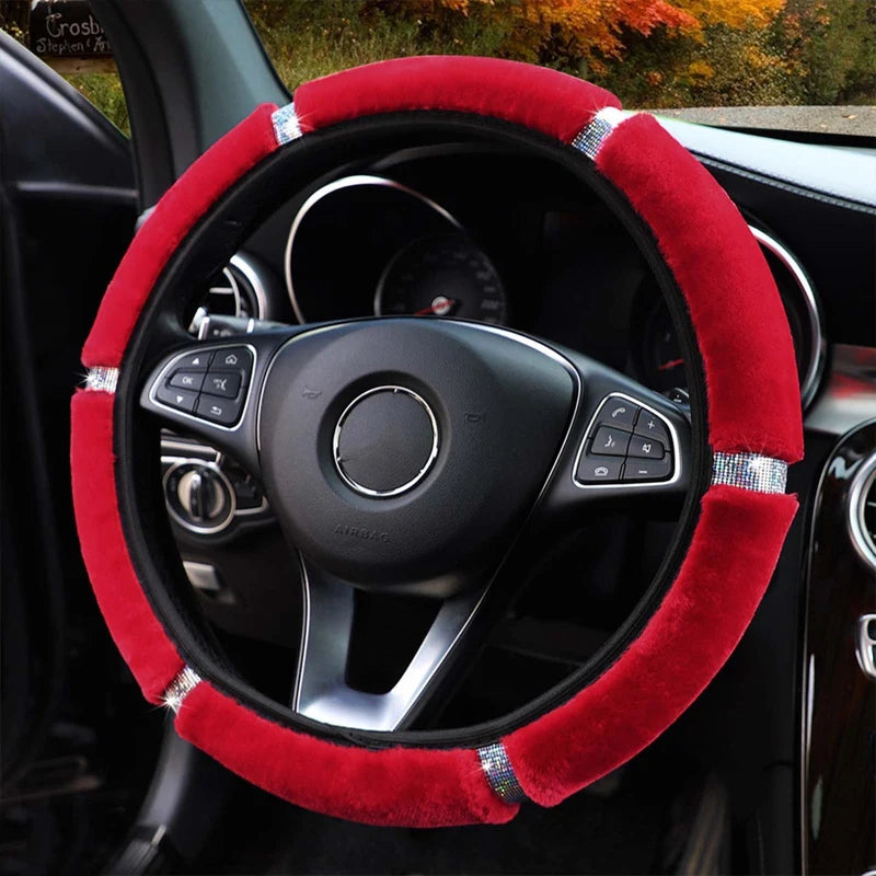 Plush Steering Wheel, Gearshift & Handbrake Cover Set with Rhinestones