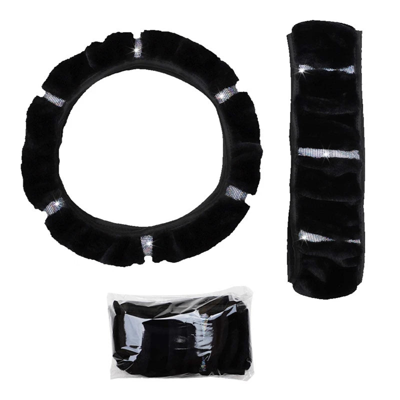 Plush Steering Wheel, Gearshift & Handbrake Cover Set with Rhinestones