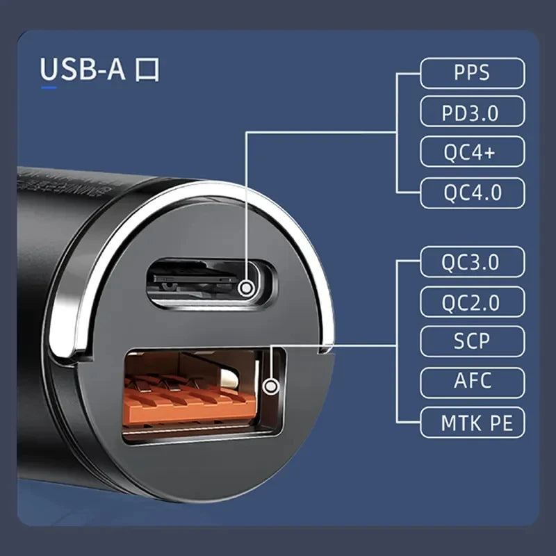 Mini Dual-Port USB and Type-C Car Charger with Pull Ring