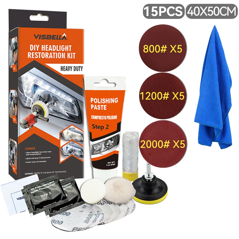 Car Headlight Restoration Kit with Polishing Paste, Sanding & Wax
