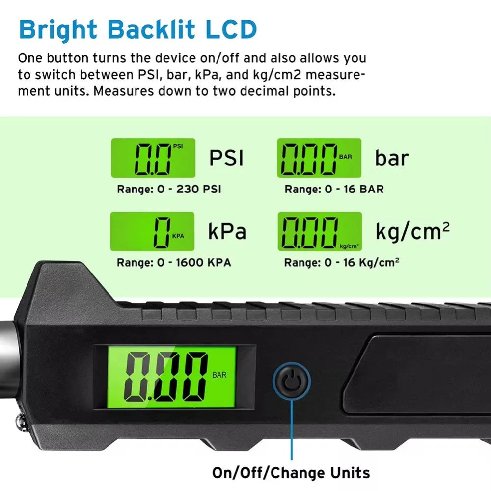Digital Tire Pressure Gauge 230 PSI 4 Settings Heavy Duty Non-Slip with Backlit LCD Flashlight for Truck/Car/Bicycle/Motorbikes