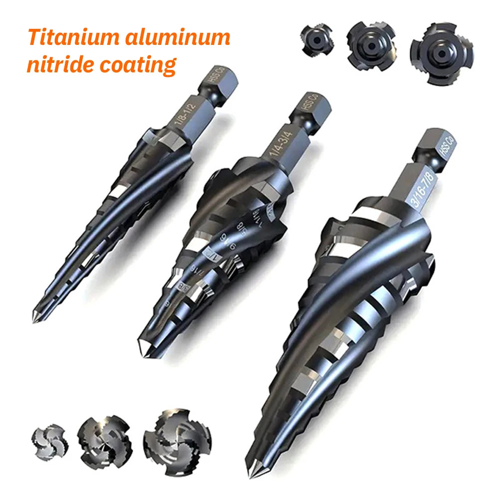 HSS Spiral Step Drill Bit Set Hex Shank Multiple Hole Sizes High Hardness Drill for Metal Sheet Plastic Hole Expanding