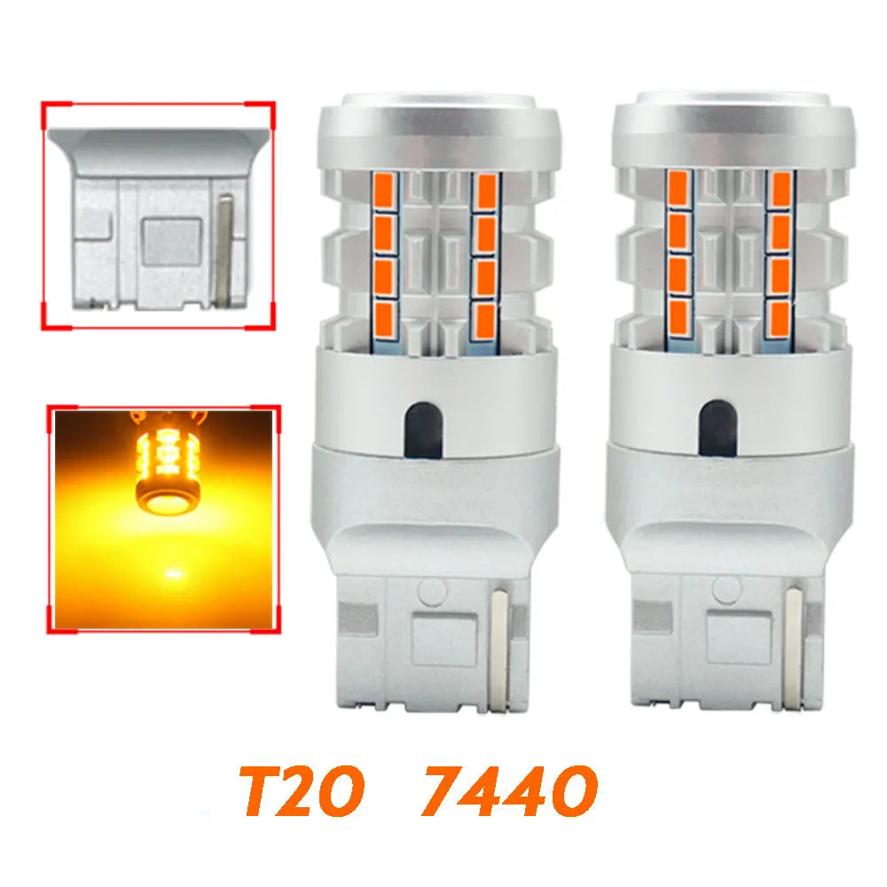 2Pcs T20 7440 7440NA W21W WY21W LED Bulb Amber Yellow Canbus Error Free No Hyper Flash Blinker Lamp For RAV4 Turn Signal Light