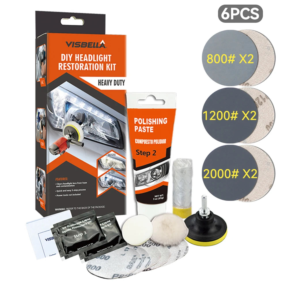 Car Headlight Restoration Kit with Polishing Paste, Sanding & Wax