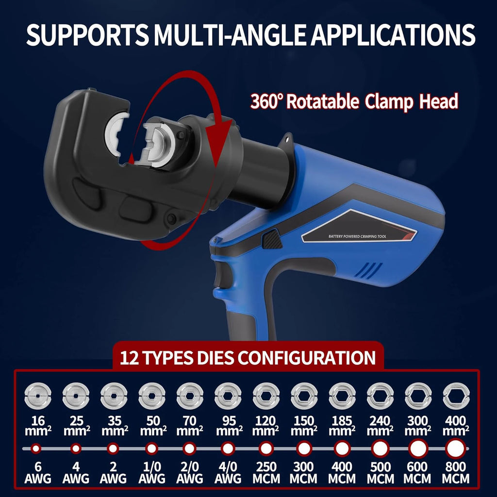 Electric hydraulic crimping tool kit with 12 dies for 6AWG to 800MCM cable lugs