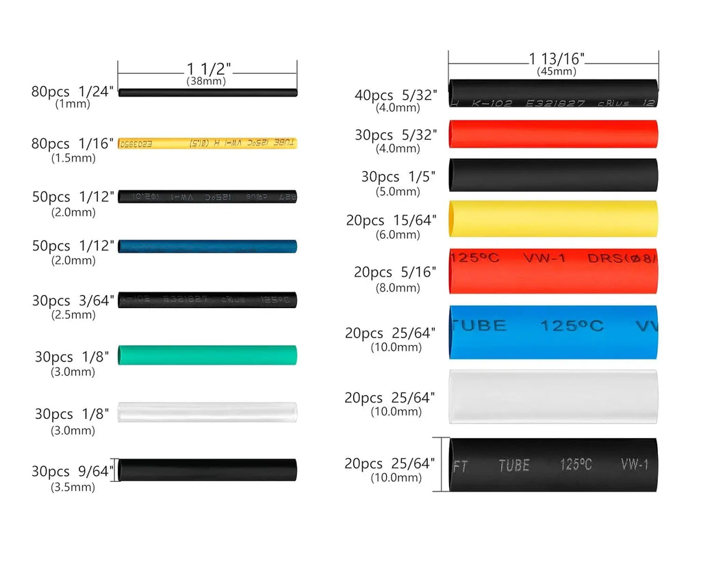 580 pieces of 2:1 heat shrink tubing kit, various types of conduit wrapped cable kits, ndustrial heat shrink tubing