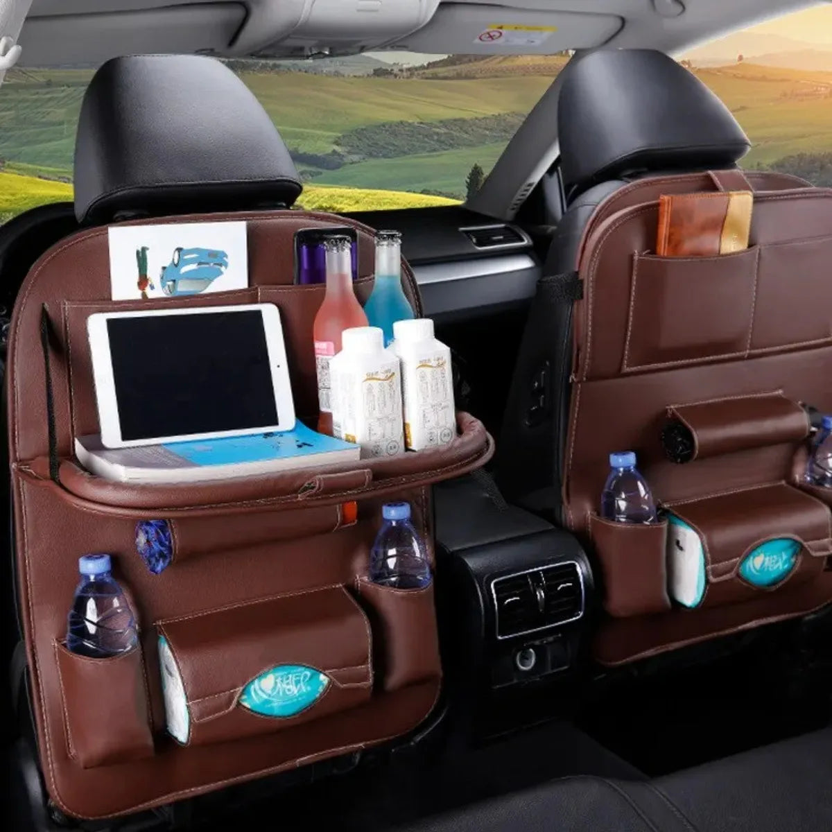 PU Leather Car Seat Back Organizer with Foldable Tray