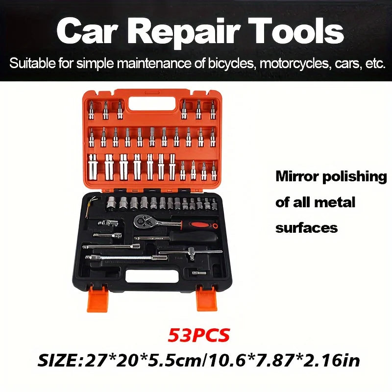 53-Piece Steel Car Repair Tool Set with Sockets and Case for Motorcycles