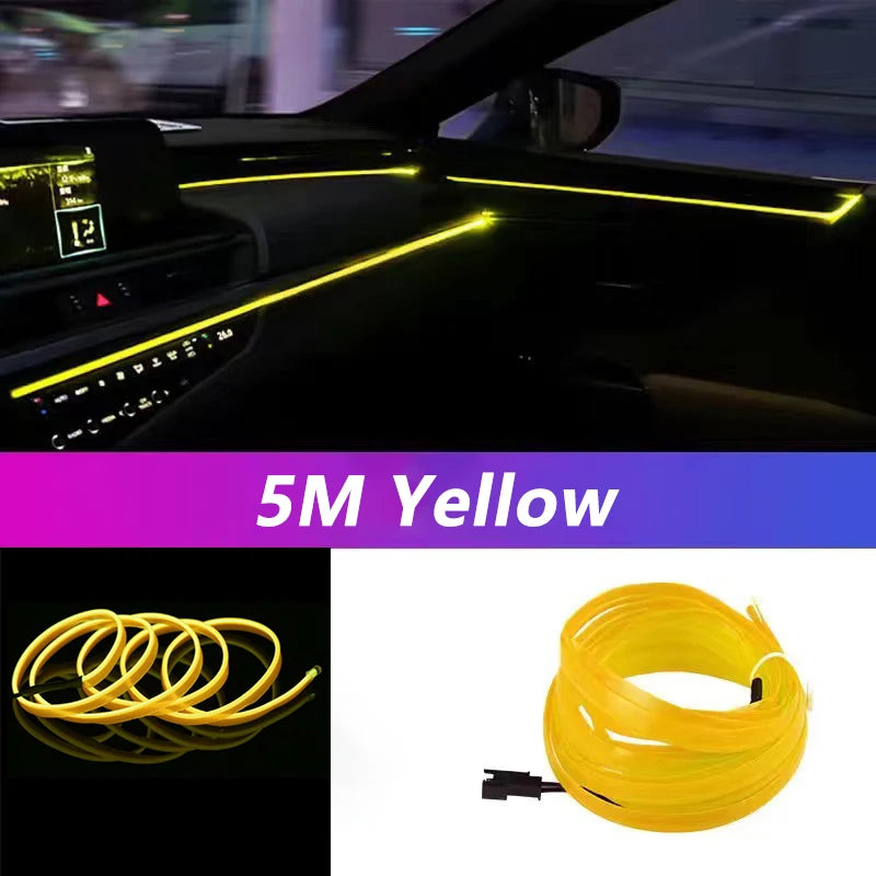 Car Interior LED Neon EL Wire Ambient Light Strip, USB, 5m