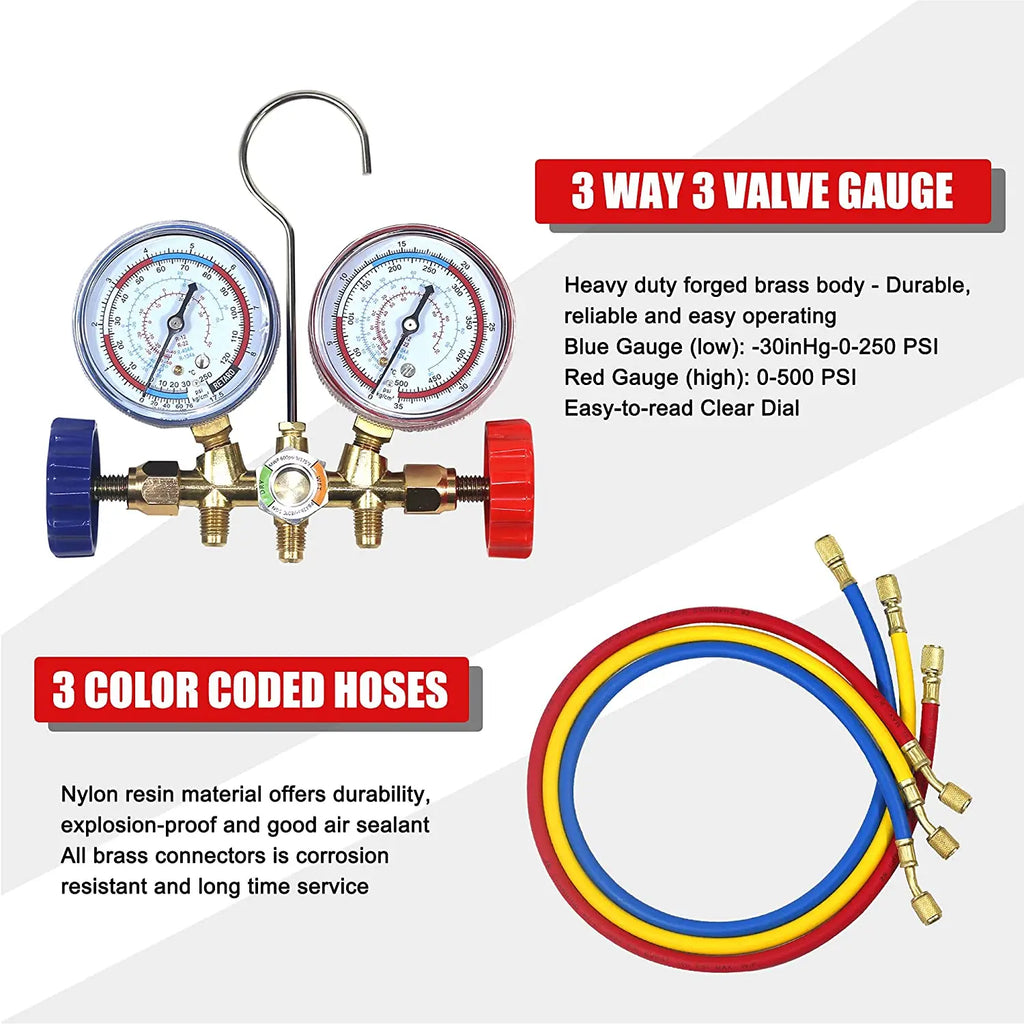 Refrigerant Manifold Gauge Air Condition Refrigeration Set Charging Hose for R12 R22 R404A R134A Refrigerants