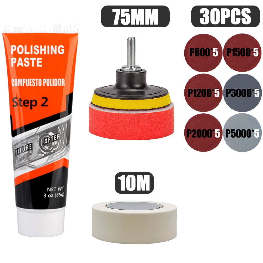 Car Headlight Restoration Kit with Polishing Paste, Sanding & Wax