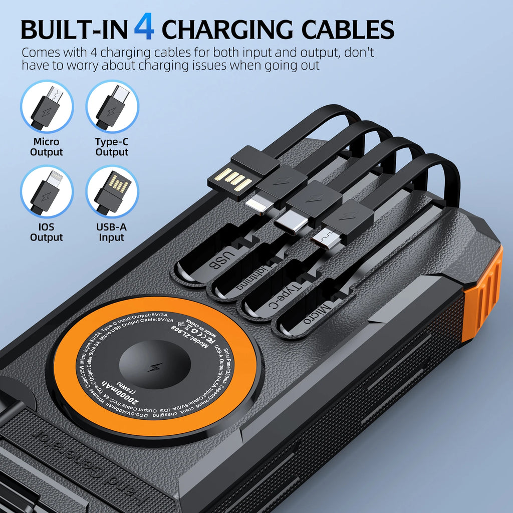 50000mAh Solar Power Bank Hand Crank Generator, Portable Outdoor Emergency Charger with 4 Built-in Cables, Dual LED Flashlight
