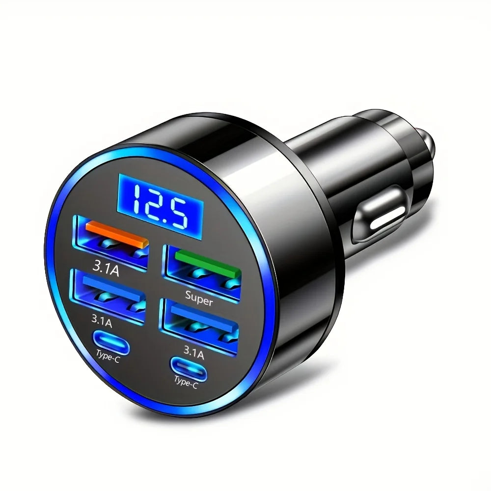 6-in-1 Car Charger Adapter with Dual USB-C and Digital Display
