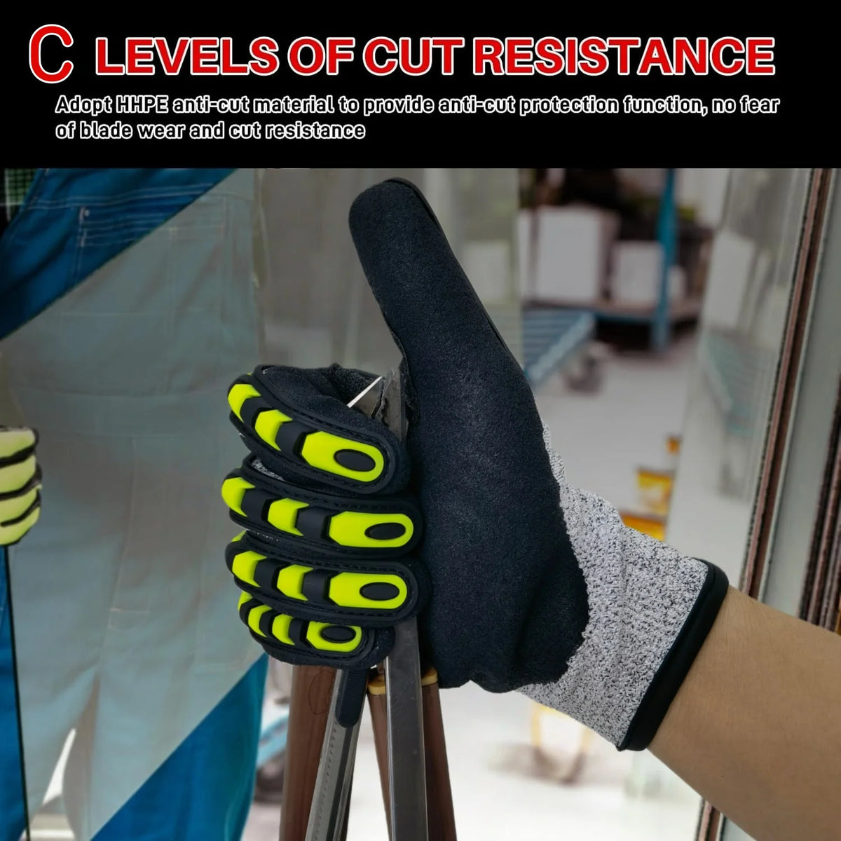 Cut Resistant Gloves Level C, Nitrile Sandy Work Gloves with TPR Knuckle Guard, EN388 4X42CP Safety Gloves for Mechanics