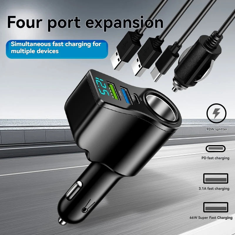 Car Socket Splitter with 2 USB and USB-C PD Ports, 12/24V