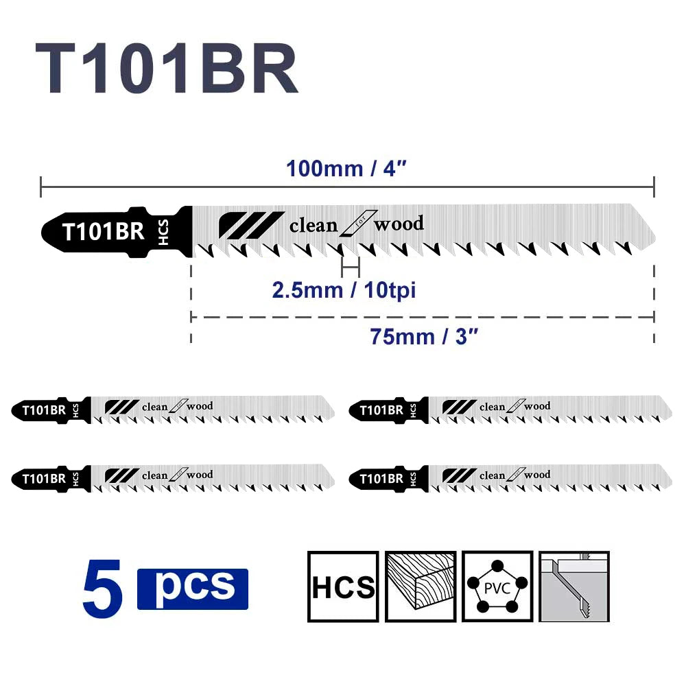 5-Piece T101BR T-Shank Jigsaw Blades – Wood Cutting