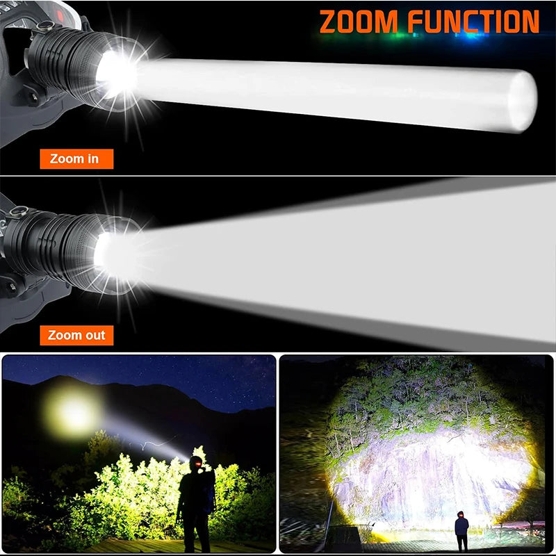 Powerful LED Headlamp Rechargeable Telescopic Zoomable Headlight Outdoor Waterproof Work Head Lamp High Lumen Head Torch