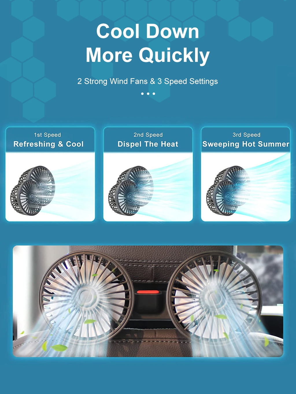 Dual Head Car Seat Back Cooling Fan, USB, 3-Speed, 360° Rotation