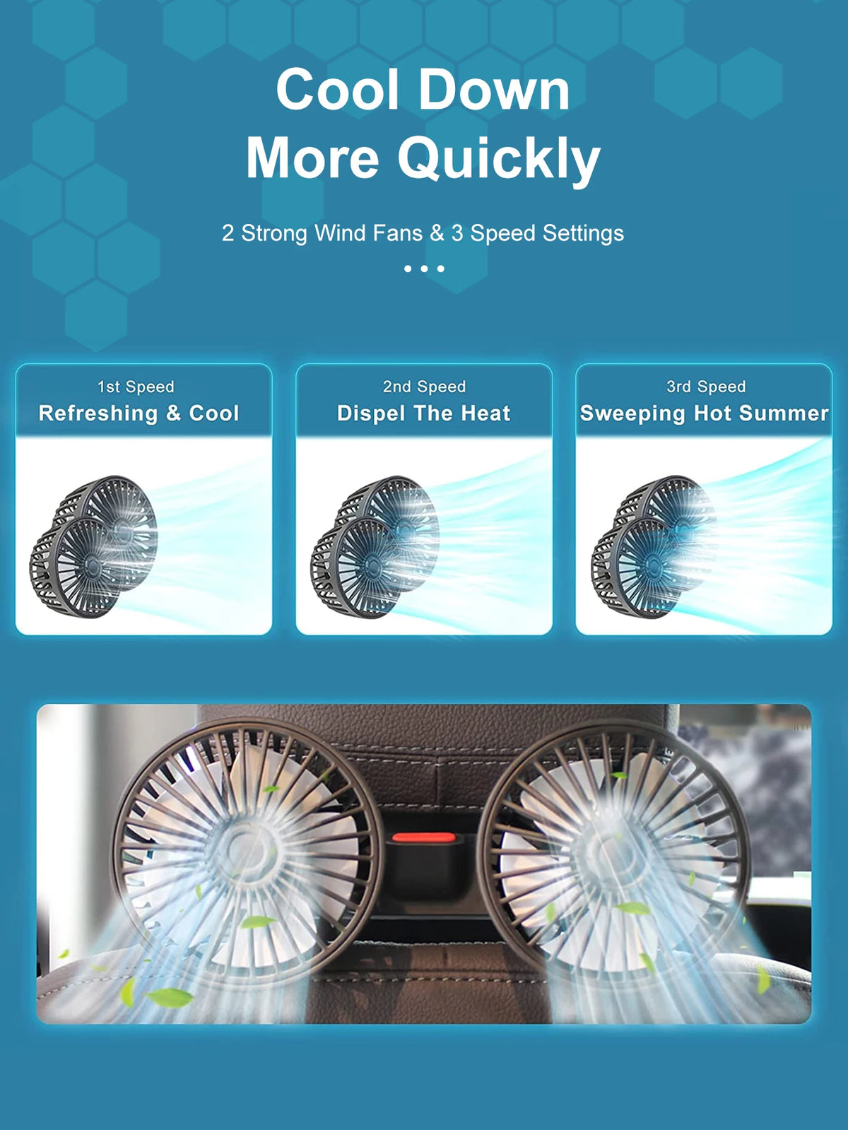 Dual Head Car Seat Back Cooling Fan, USB, 3-Speed, 360° Rotation