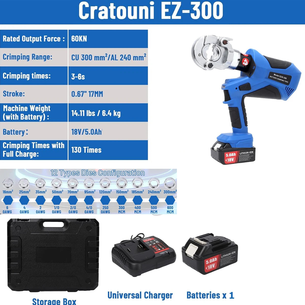 Electric hydraulic crimping tool kit with 12 dies for 6AWG to 800MCM cable lugs
