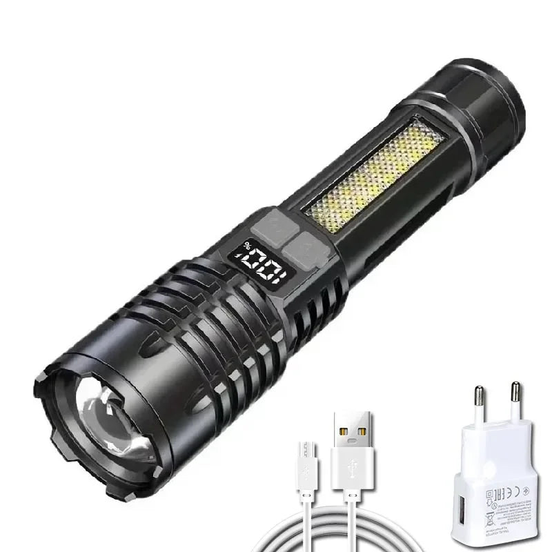 Rechargeable Zoom LED Flashlight with Display & Side Work Light