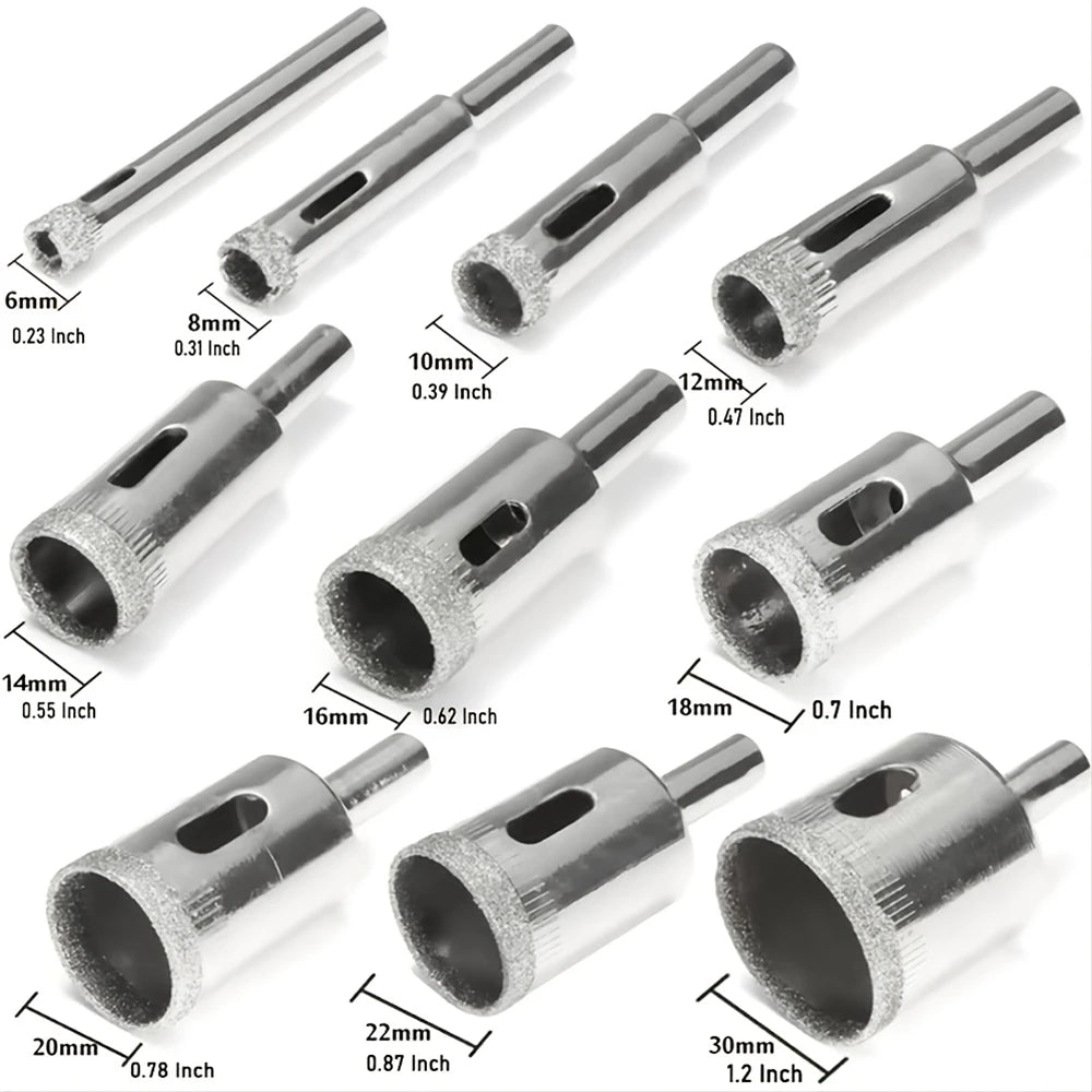 10pcs/set 6mm-30mm Diamond Coated Hole Saw Cutter,Core Drill Bit Glass Hole Opener Tools,for Ceramic Tile Porcelain Stone&Marble