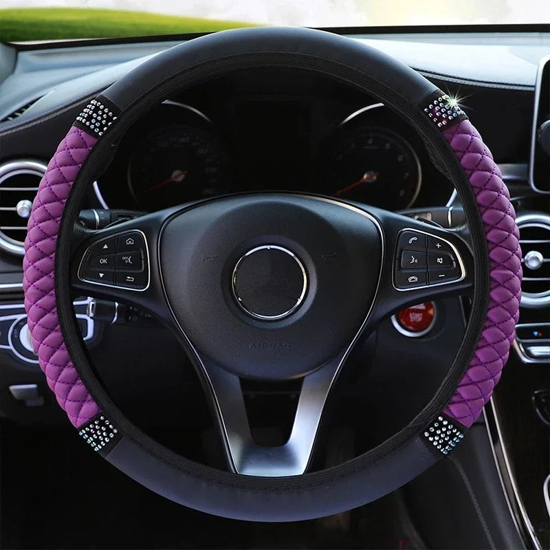 Diamond-Studded Leather Steering Wheel Cover for Cars - image 4