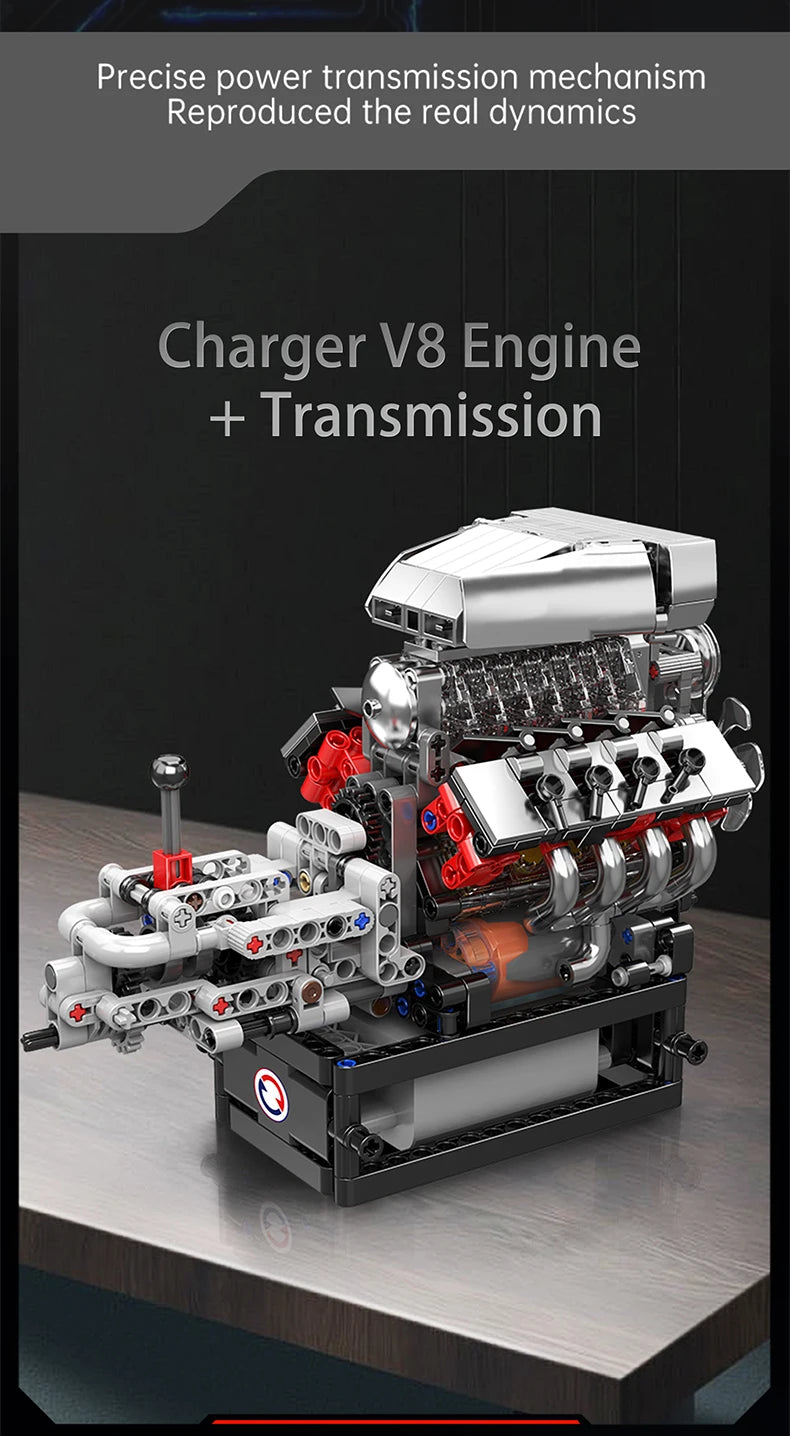 Motorized V8 Engine Building Block Model Kit with Transmission