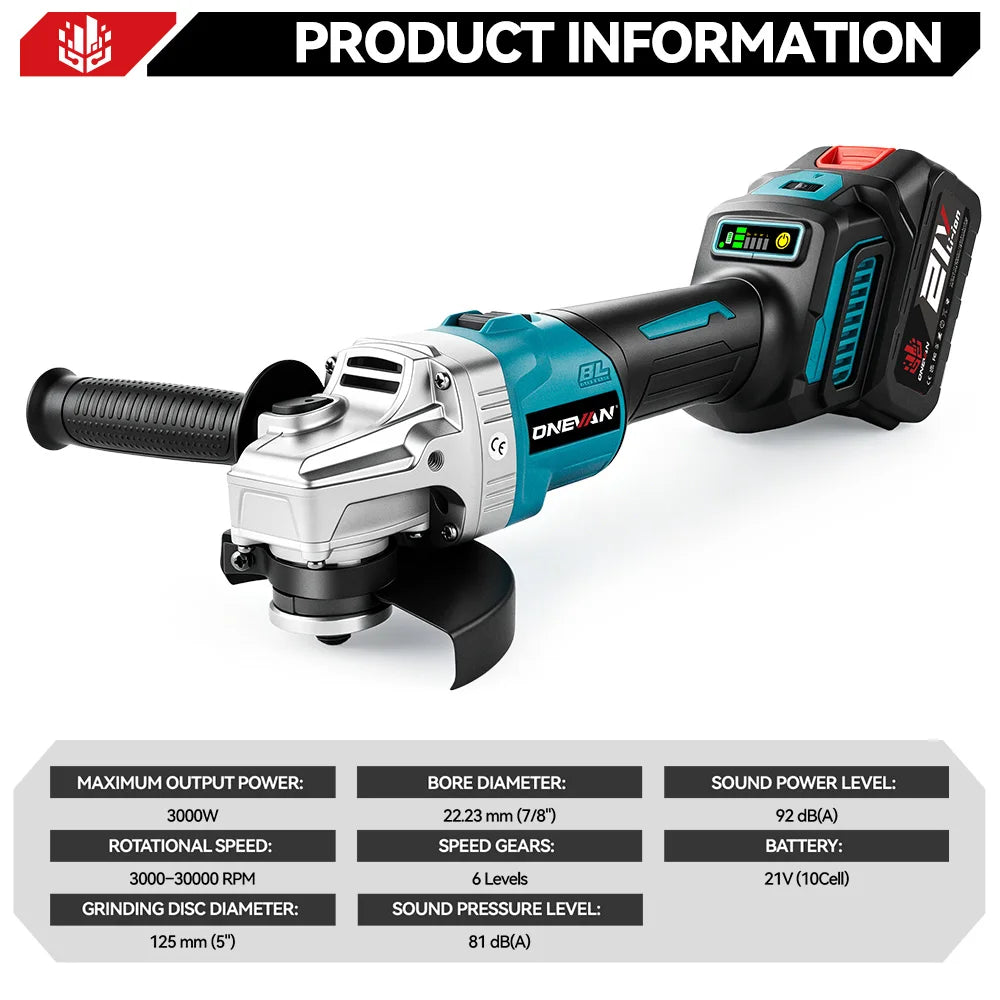 Cordless Angle Grinder 125mm 6-Speed Brushless for Makita 18V Battery - image 2