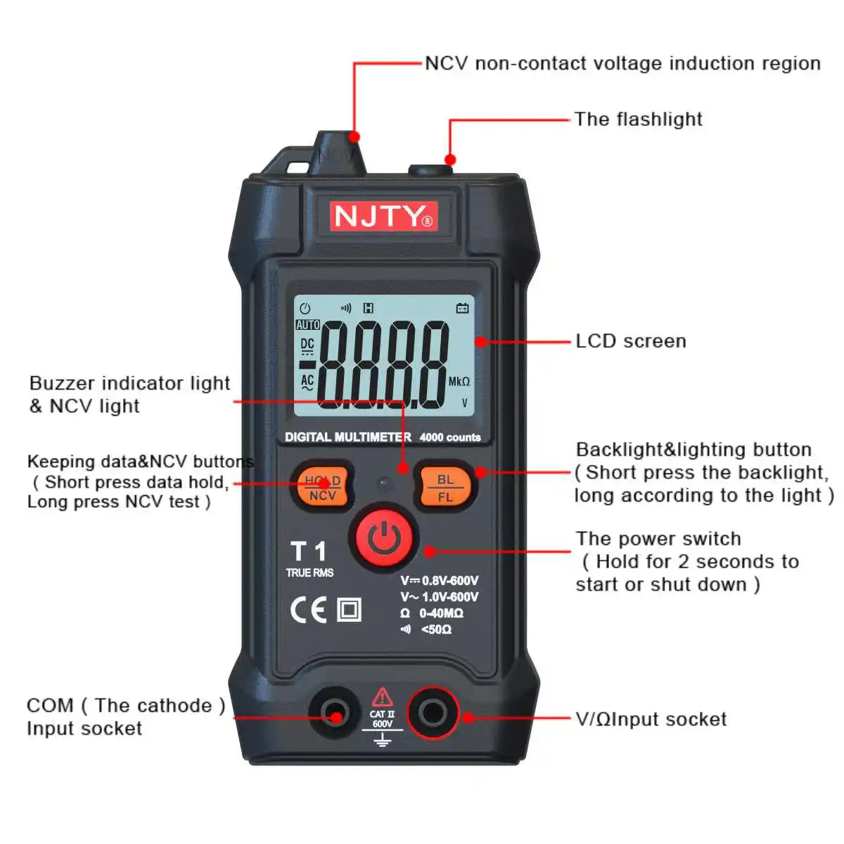 Smart Mini Digital Multimeter Tester RMS 4000 Counts Voltmeter Automatic Range Test Voltage Continuity Resistance NCV Household