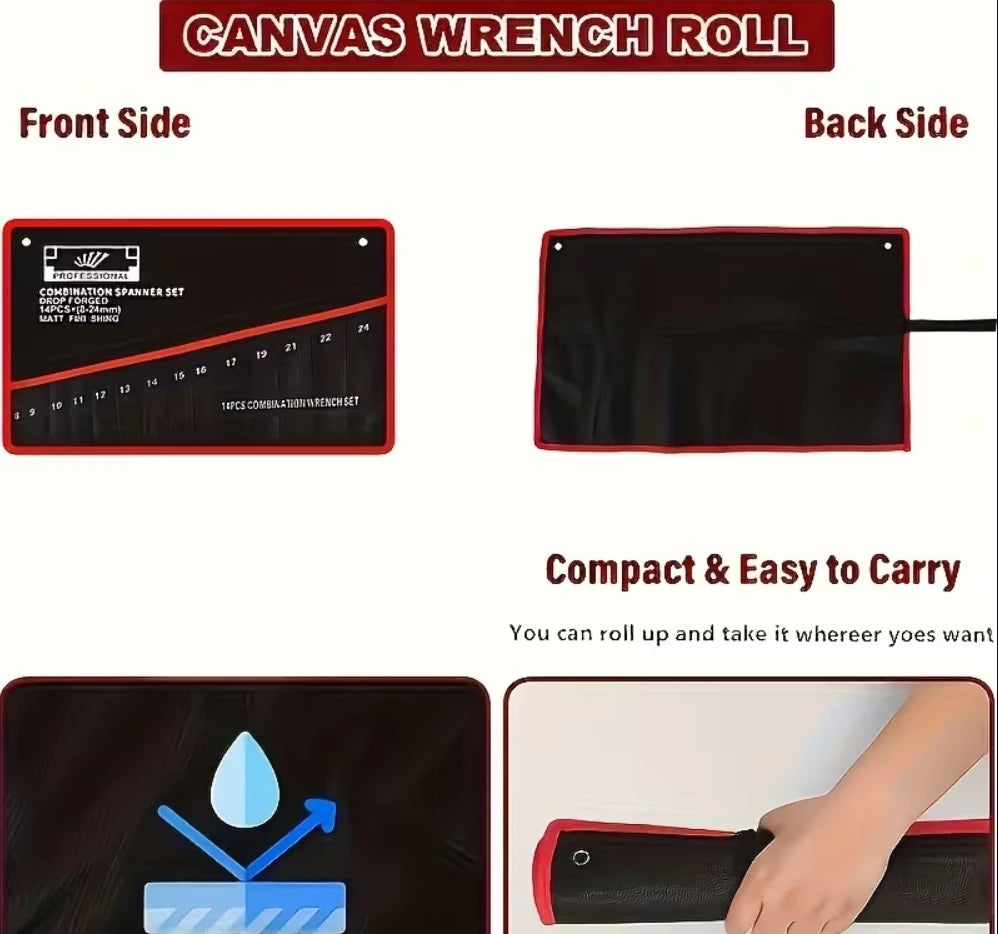 14-Pocket Tool Organizer Roll. Durable Wrench Storage Bag with Portable Handle. Perfect for Garage & Workshop Organization.