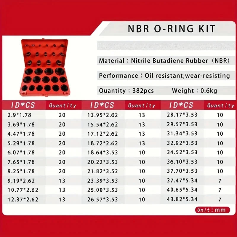382-Piece NBR O-Ring Assortment Kit – Metric Rubber Seals