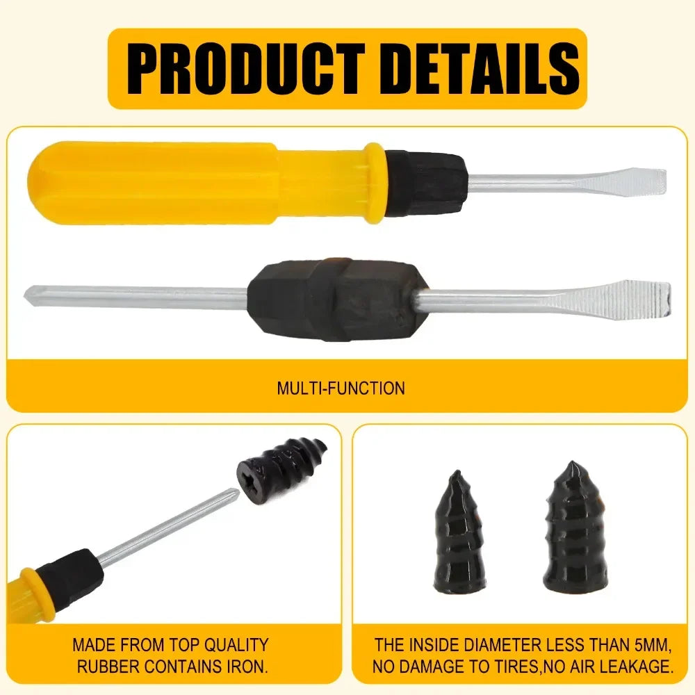 Universal Tubeless Tire Repair Kit - Emergency Puncture Tools W/Rubber T-Plugs for Car/Motorcycle On-Road Vacuum Seal