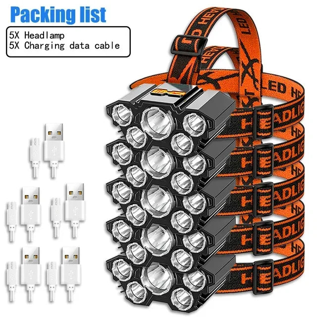 USB Rechargeable 5 LED Headlamp with Built-In Battery, Portable Work Light