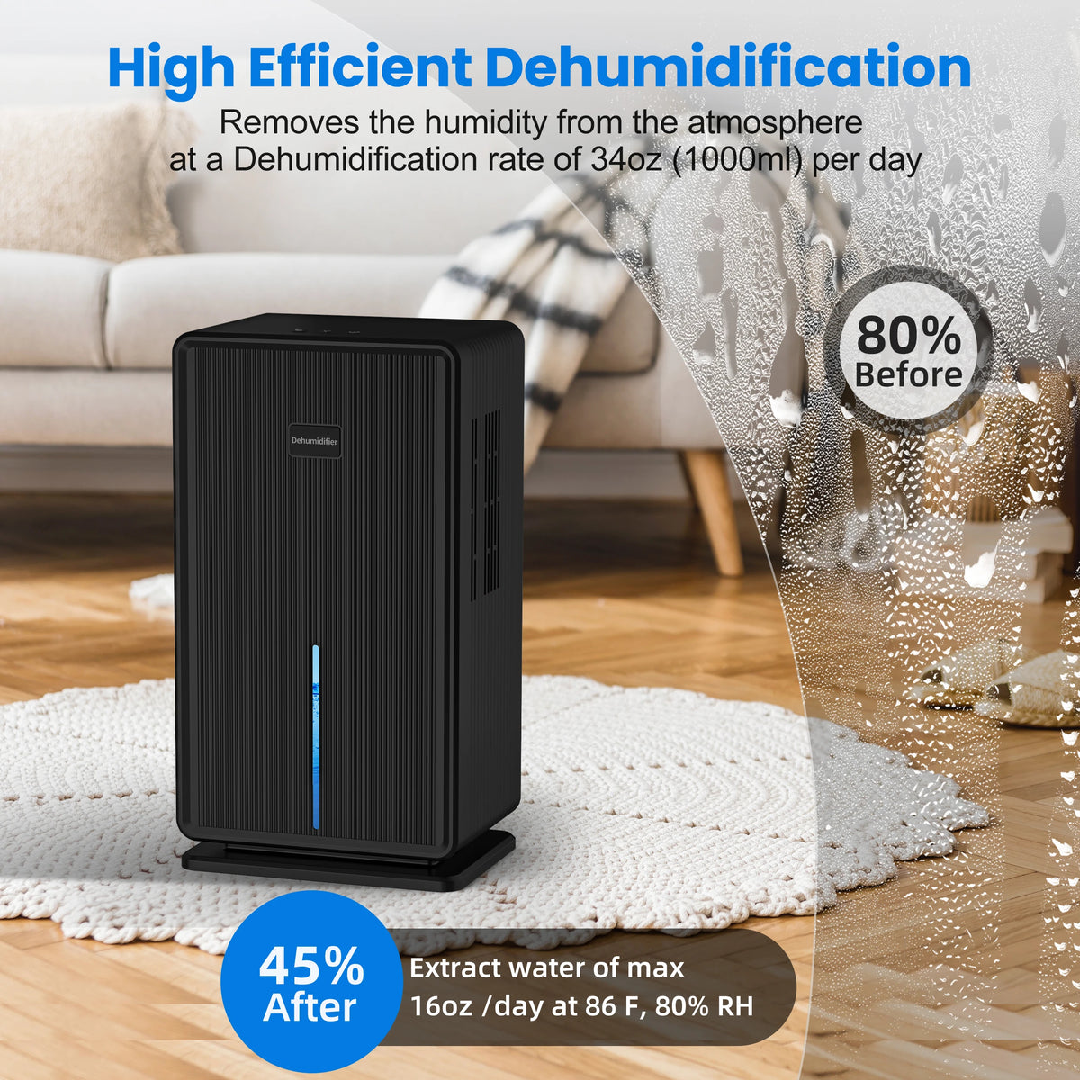 100 Oz Home Dehumidifier for 750 Sq Ft with 7-Color Light & Auto Shut-Off