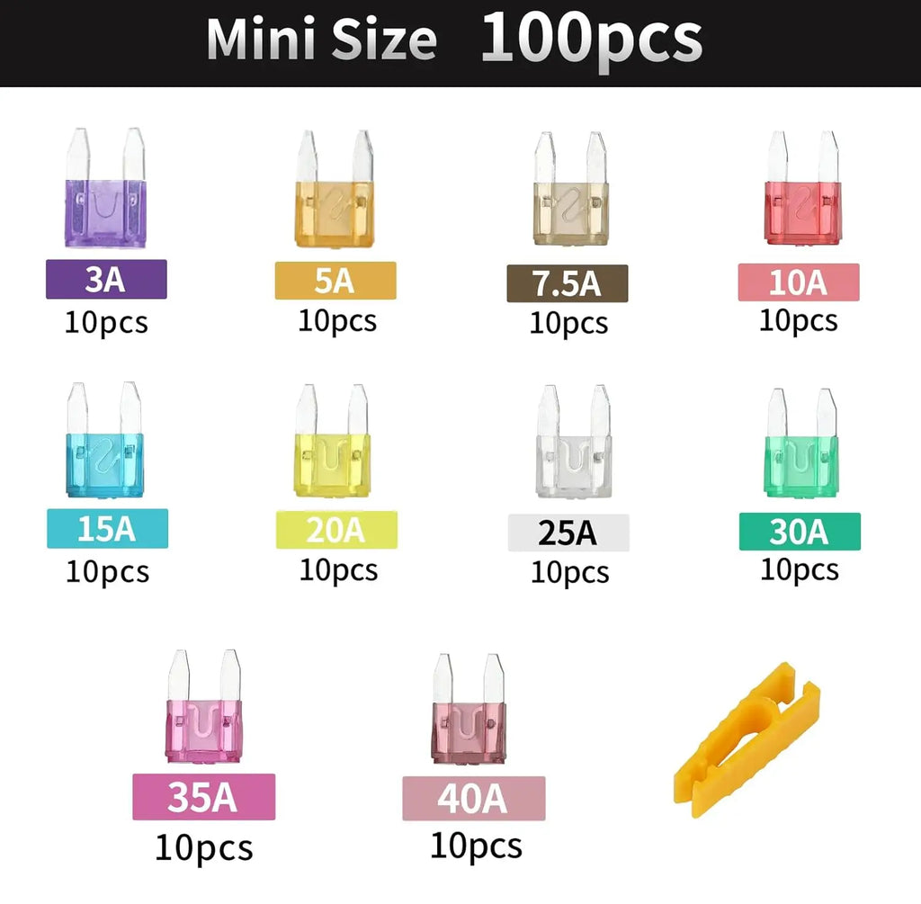 100 Pcs Mini fuses Kit Blade Fuse Assortment Kit  with Puller Tool for Car, Marine, Truck, RV Fuse Replacement