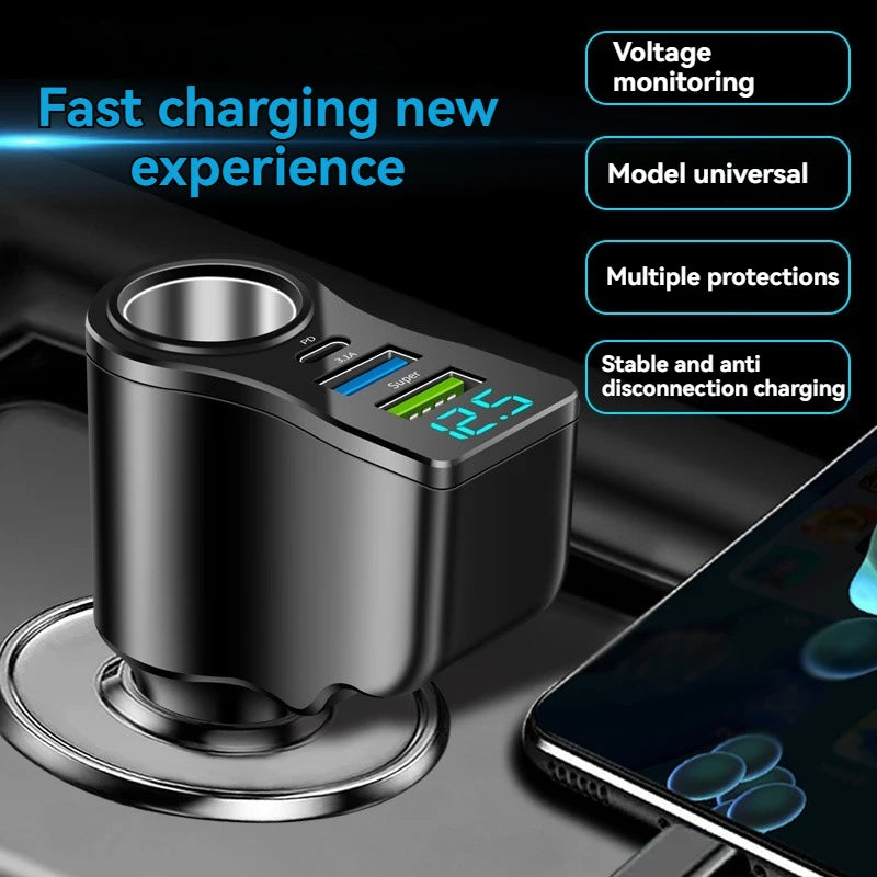 Car Socket Splitter with 2 USB and USB-C PD Ports, 12/24V
