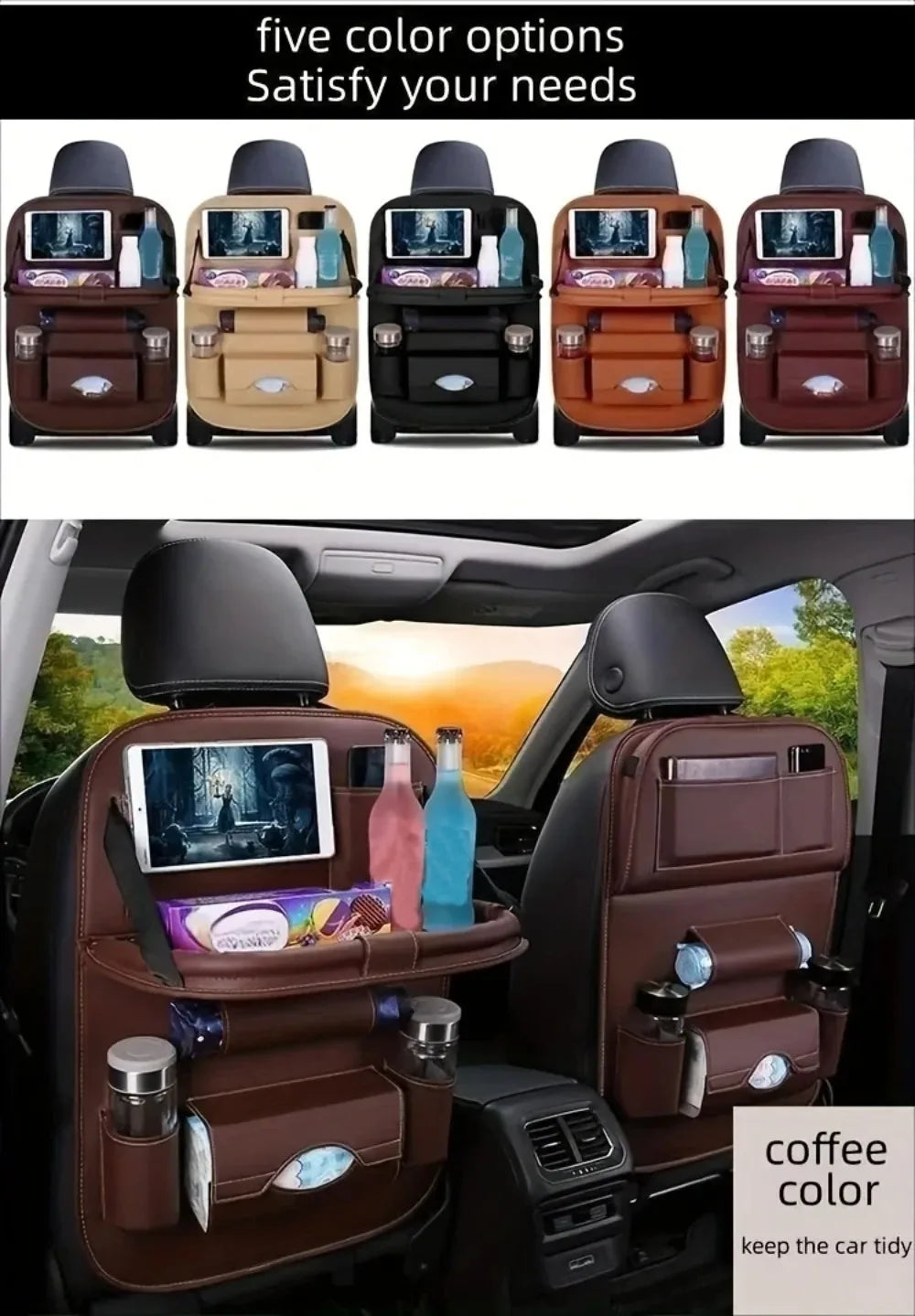 PU Leather Car Seat Back Organizer with Foldable Tray