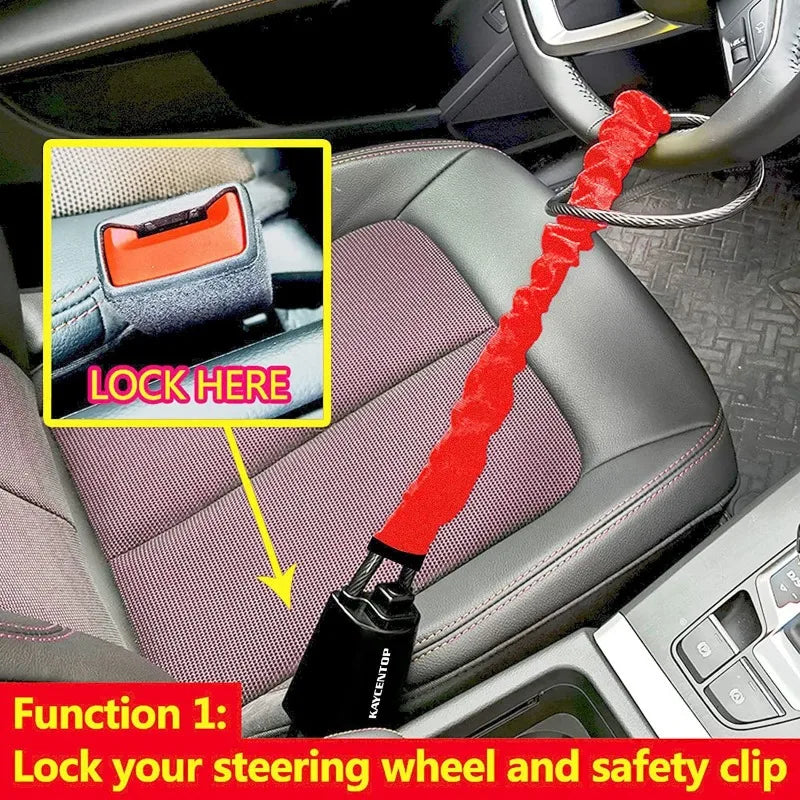 Car Steering Wheel Steel Lock Seat Belt Anti-theft Lock with 2 Keys Anti-theft Device Easy to Install Fits Most Cars SUVs