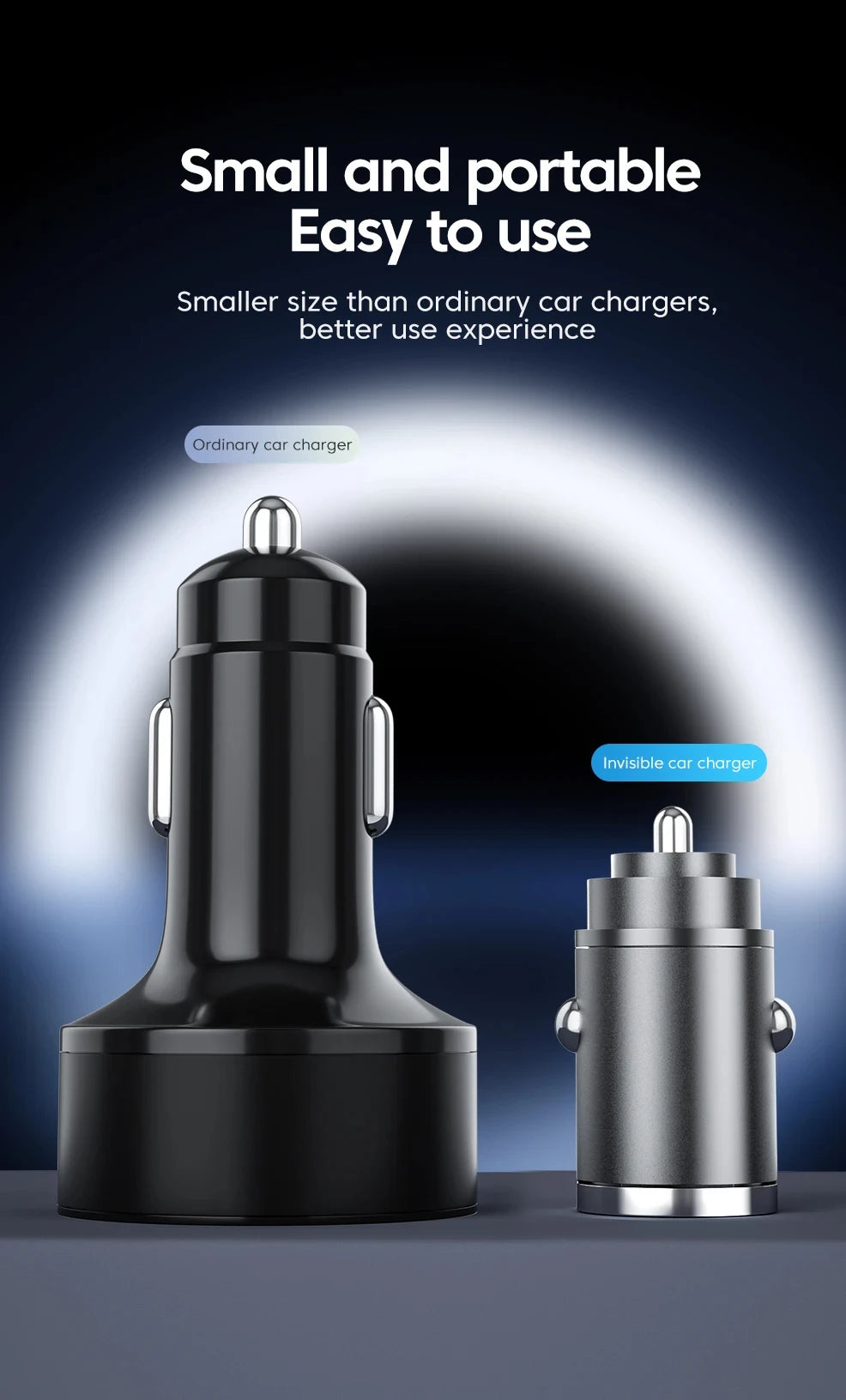Mini Dual-Port USB and Type-C Car Charger with Pull Ring