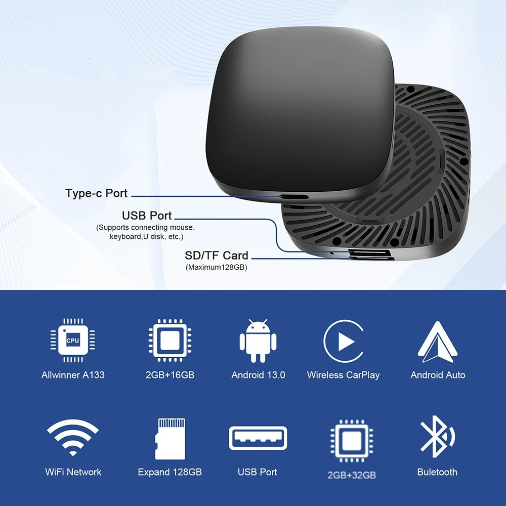 Android 13 Wireless CarPlay AI Box with Streaming Apps