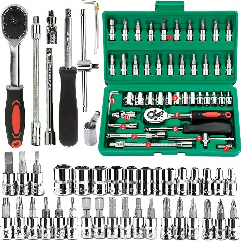 Advanced Car Repair Kit , Green Toolbox, 46pcs Professional Ratchet Set Professional Tool Set, Car Maintenance Essentials