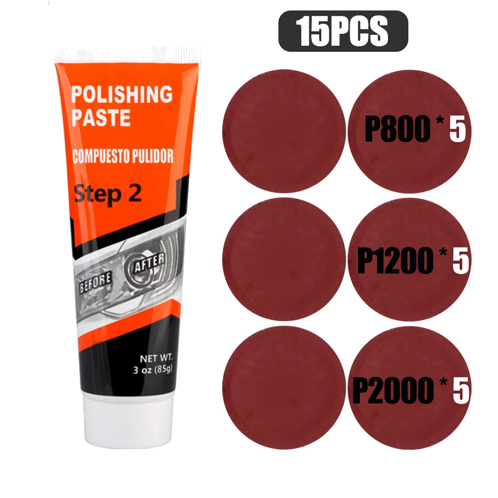 Car Headlight Restoration Kit with Polishing Paste, Sanding & Wax
