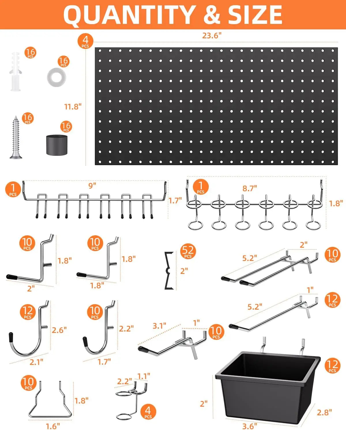 158PCS Metal Pegboard Wall Organizer, 12*24 Inch Black Pegboard Panels Tool Organizer Kit with Accessories Hooks and Bins