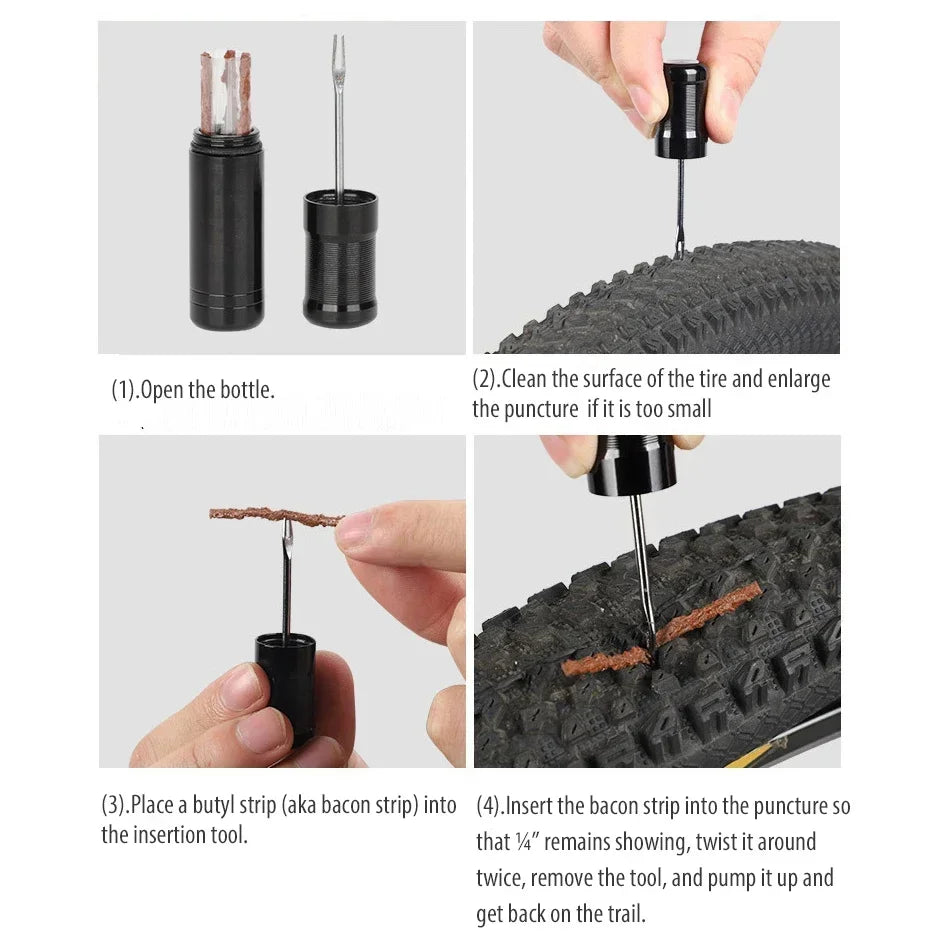 Tubeless Tire Repair Kit for Road & MTB Bikes - Rubber Plugs, Bacon Strips & Insertion Tool for Puncture Fixes