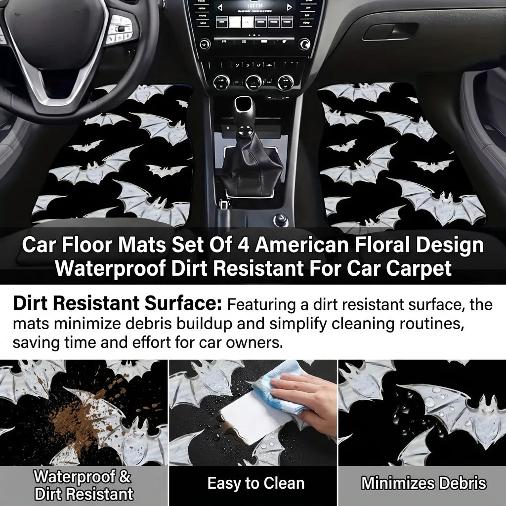 4PCS Bat Car Floor Mats Set Waterproof Anti-Slip All Weather Protect for Vehicle Carpets Universal Fit